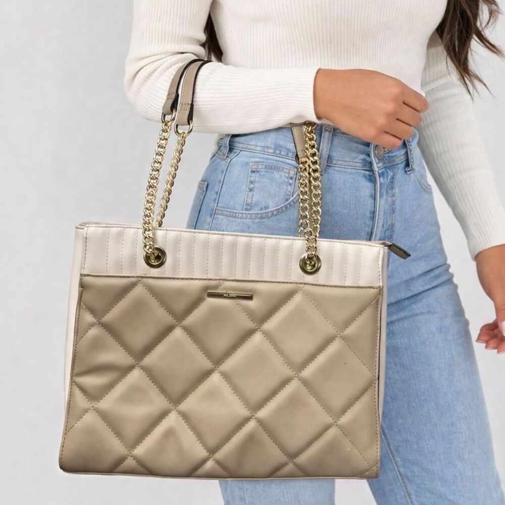 ALDO Quilted Beige Tote Bag Gold Chain Strap Large Chic Shoulder Bag